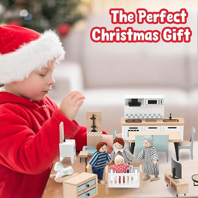 Wood and Plastic Blue Dollhouse Accessories, Pretend Play Furniture Toys Christmas Birthday Gift