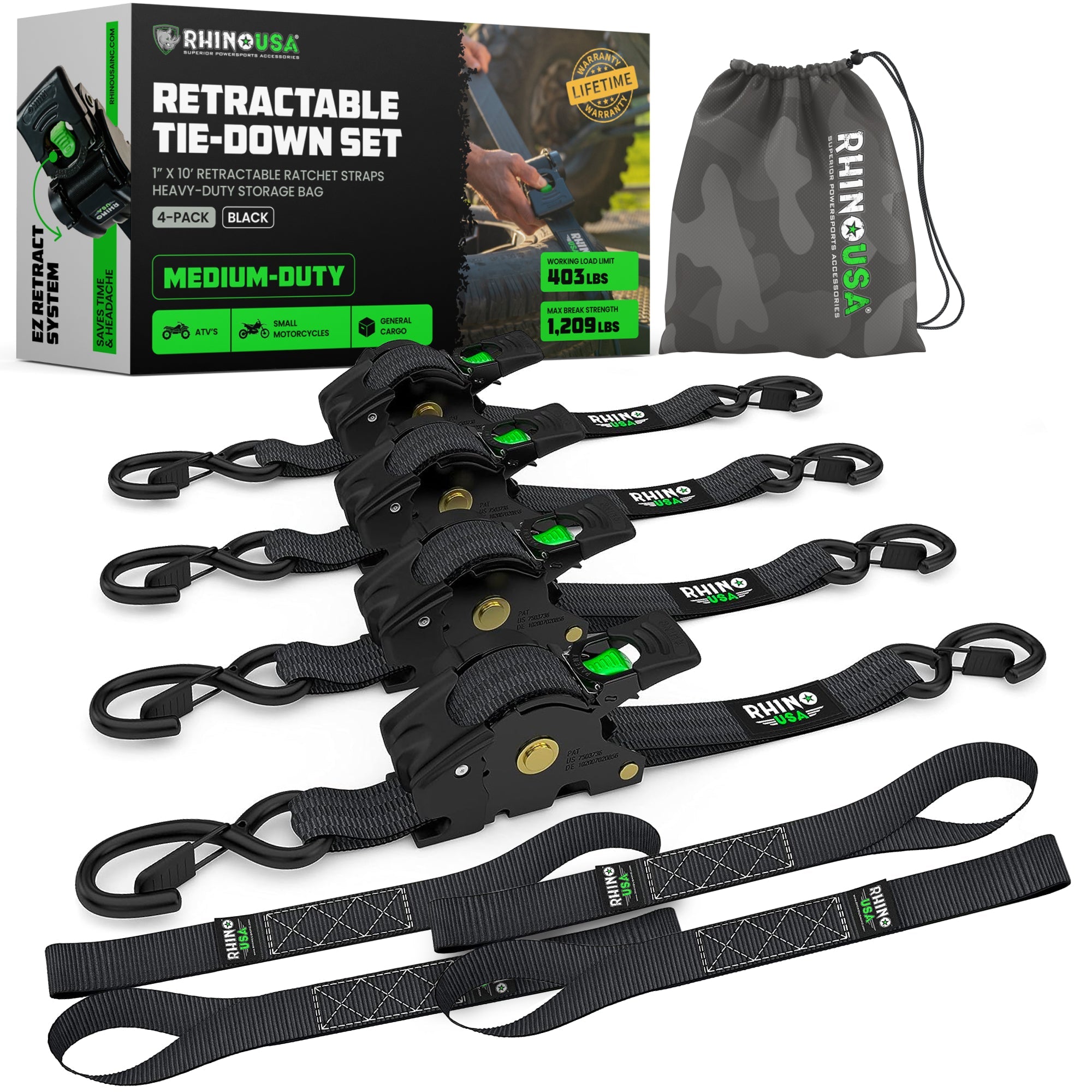 Retractable Ratchet Straps (4-Pack) - 1 Inch x 10 Feet (1,209lb Break Strength) - Auto Self Retracting Tie Down Straps for Truck, Cargo Trailer, Motorcycle, ATV, UTV