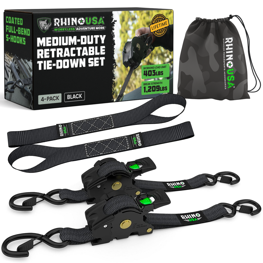 Retractable Ratchet Straps (4-Pack) - 1 Inch x 10 Feet (1,209lb Break Strength) - Auto Self Retracting Tie Down Straps for Truck, Cargo Trailer, Motorcycle, ATV, UTV