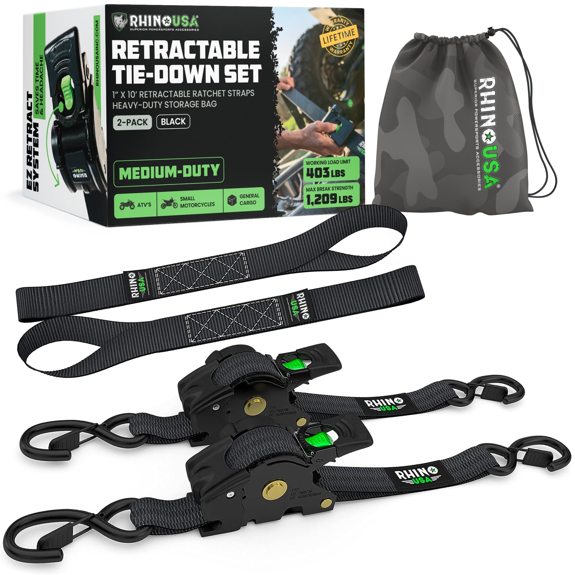 Retractable Ratchet Straps (4-Pack) - 1 Inch x 10 Feet (1,209lb Break Strength) - Auto Self Retracting Tie Down Straps for Truck, Cargo Trailer, Motorcycle, ATV, UTV