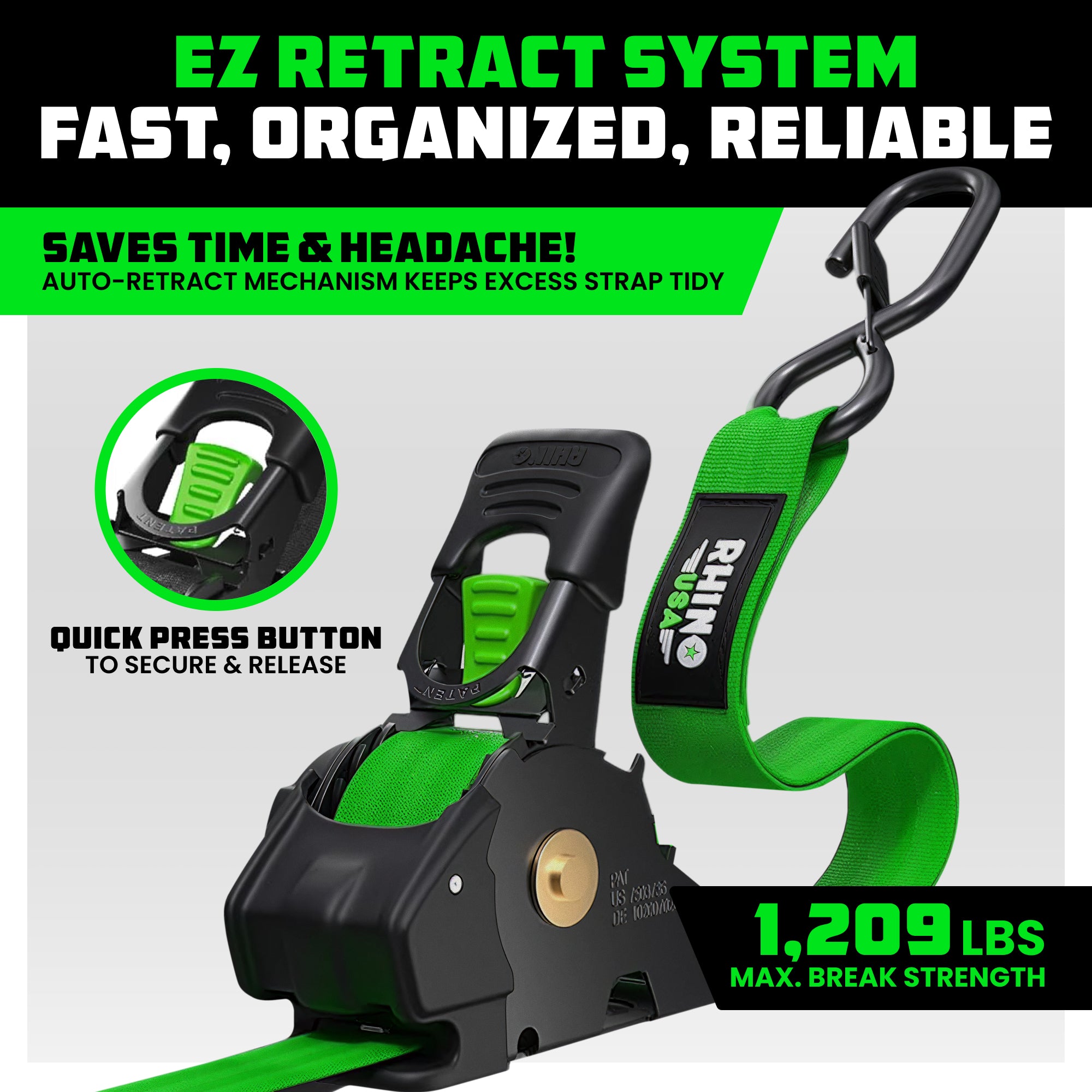 Retractable Ratchet Straps (4-Pack) - 1 Inch x 10 Feet (1,209lb Break Strength) - Auto Self Retracting Tie Down Straps for Truck, Cargo Trailer, Motorcycle, ATV, UTV