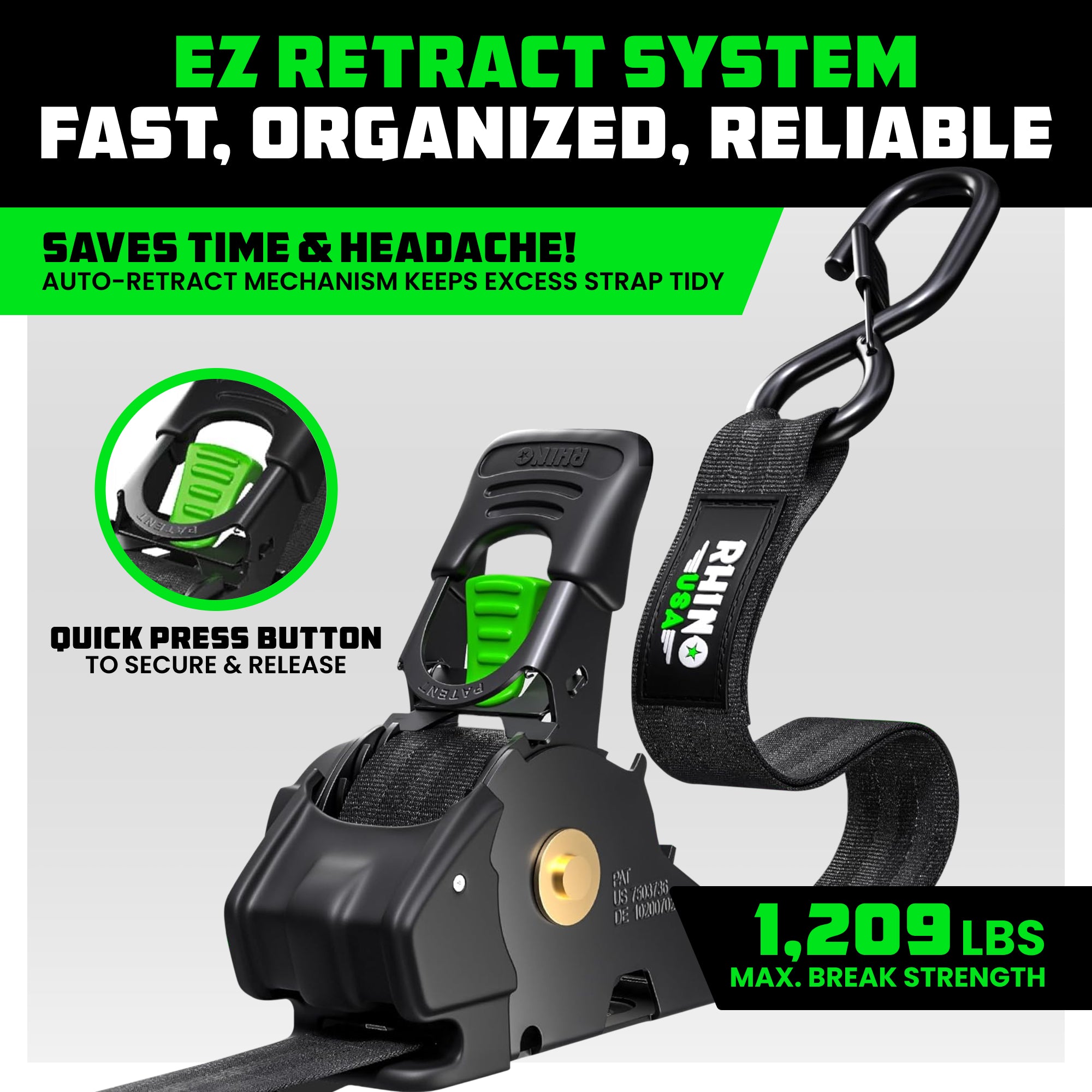 Retractable Ratchet Straps (4-Pack) - 1 Inch x 10 Feet (1,209lb Break Strength) - Auto Self Retracting Tie Down Straps for Truck, Cargo Trailer, Motorcycle, ATV, UTV