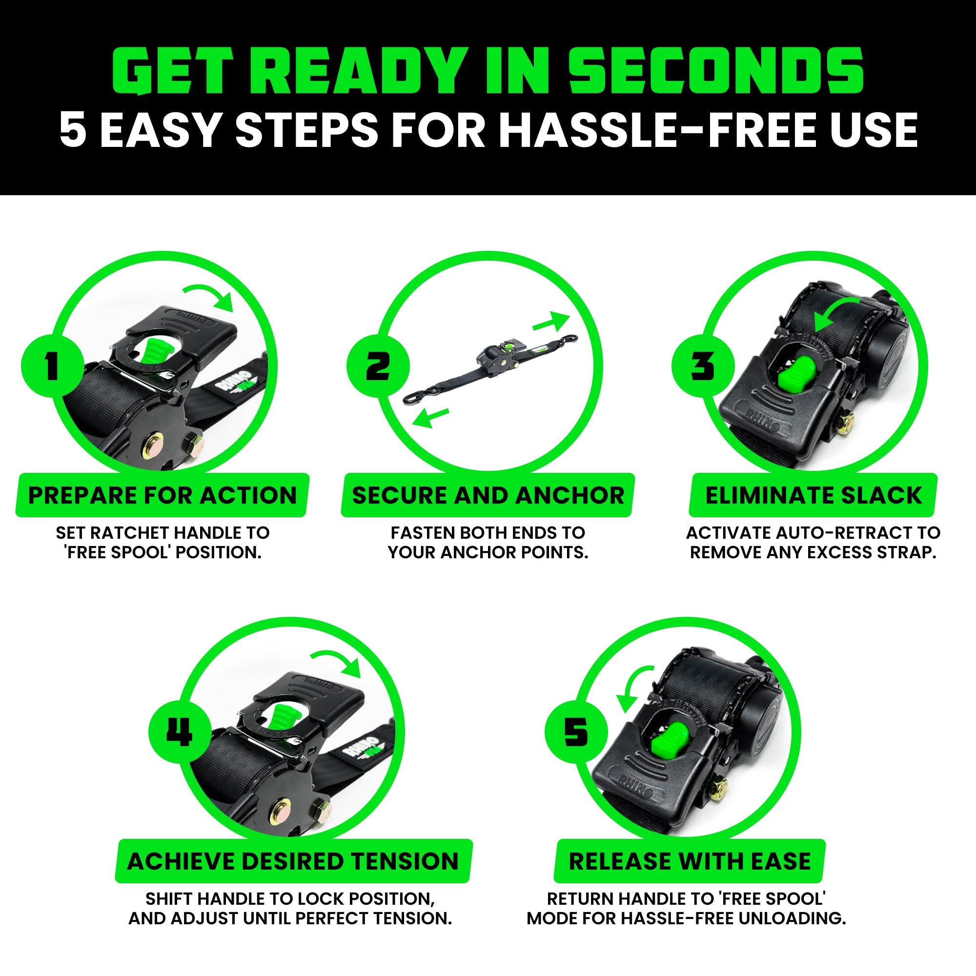 Retractable Ratchet Straps (4-Pack) - 1 Inch x 10 Feet (1,209lb Break Strength) - Auto Self Retracting Tie Down Straps for Truck, Cargo Trailer, Motorcycle, ATV, UTV