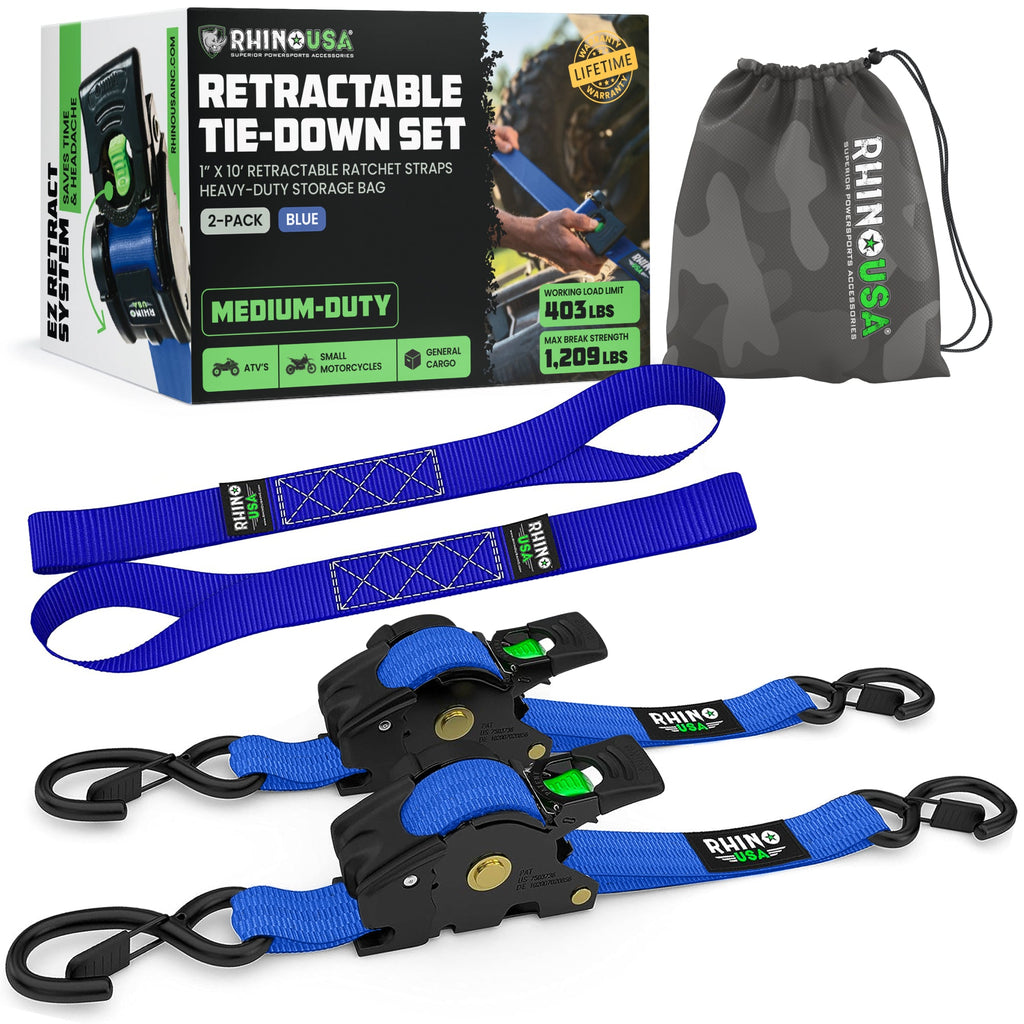 Retractable Ratchet Straps (4-Pack) - 1 Inch x 10 Feet (1,209lb Break Strength) - Auto Self Retracting Tie Down Straps for Truck, Cargo Trailer, Motorcycle, ATV, UTV