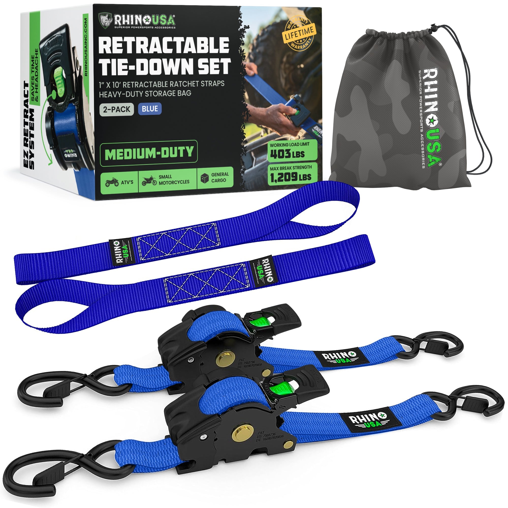 Retractable Ratchet Straps (4-Pack) - 1 Inch x 10 Feet (1,209lb Break Strength) - Auto Self Retracting Tie Down Straps for Truck, Cargo Trailer, Motorcycle, ATV, UTV