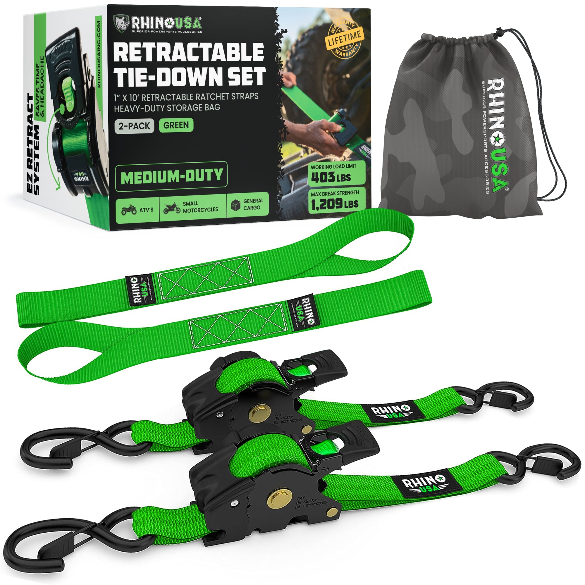 Retractable Ratchet Straps (4-Pack) - 1 Inch x 10 Feet (1,209lb Break Strength) - Auto Self Retracting Tie Down Straps for Truck, Cargo Trailer, Motorcycle, ATV, UTV