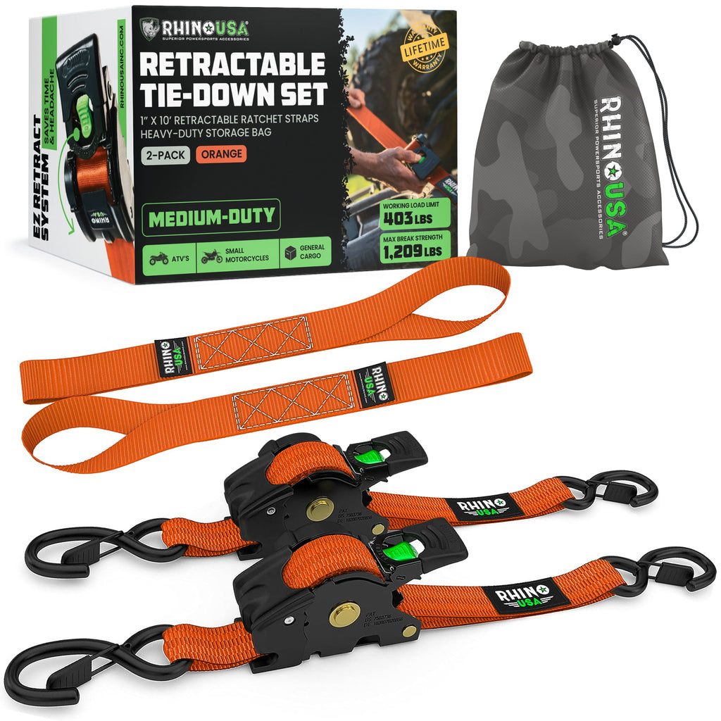 Retractable Ratchet Straps (4-Pack) - 1 Inch x 10 Feet (1,209lb Break Strength) - Auto Self Retracting Tie Down Straps for Truck, Cargo Trailer, Motorcycle, ATV, UTV