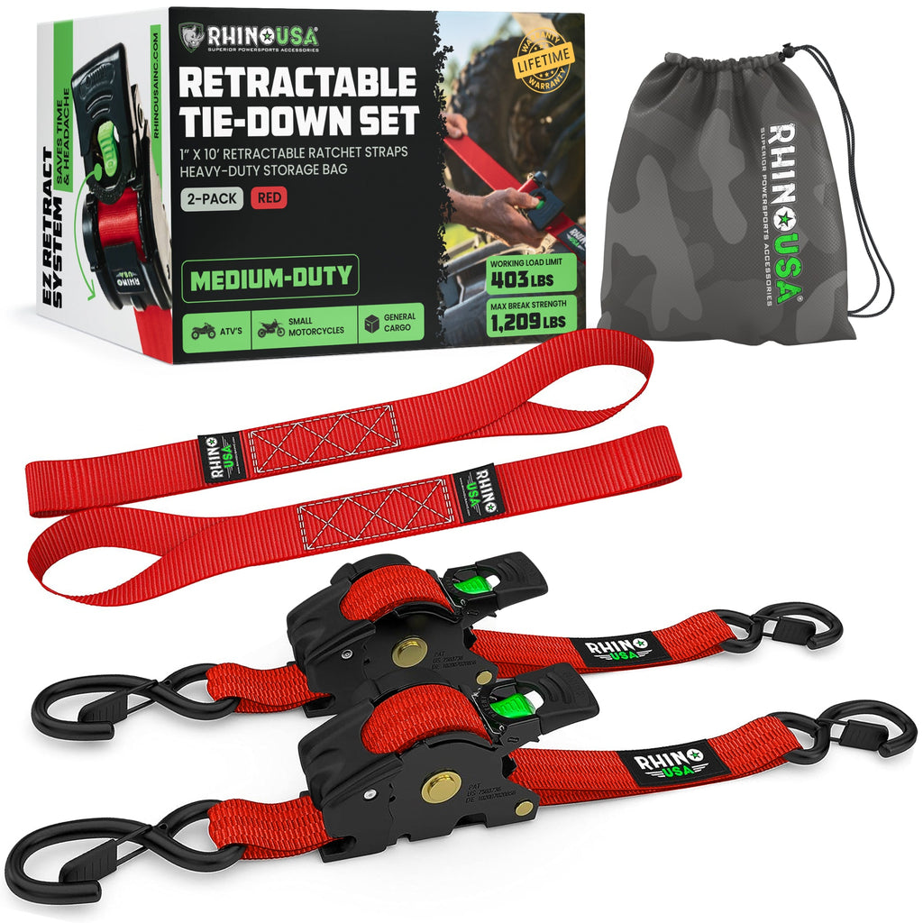 Retractable Ratchet Straps (4-Pack) - 1 Inch x 10 Feet (1,209lb Break Strength) - Auto Self Retracting Tie Down Straps for Truck, Cargo Trailer, Motorcycle, ATV, UTV