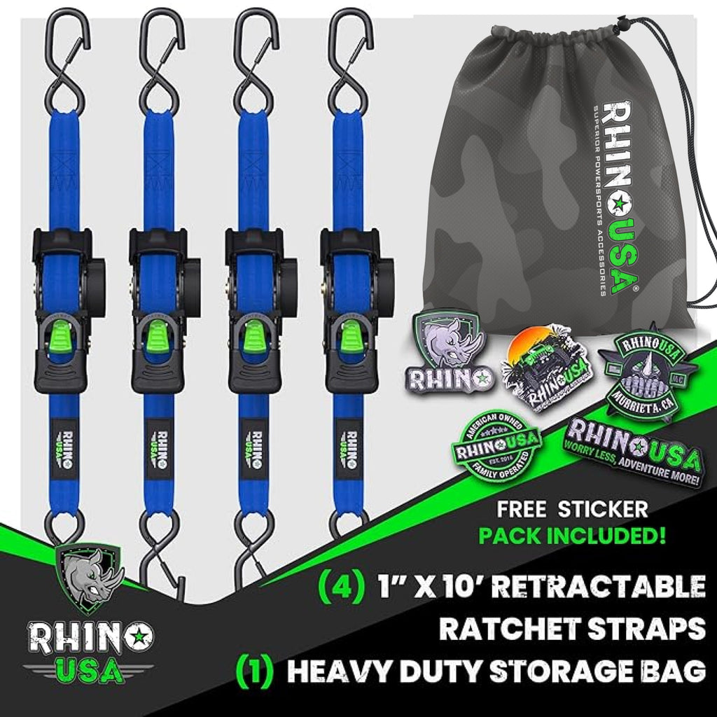 Retractable Ratchet Straps (4-Pack) - 1 Inch x 10 Feet (1,209lb Break Strength) - Auto Self Retracting Tie Down Straps for Truck, Cargo Trailer, Motorcycle, ATV, UTV
