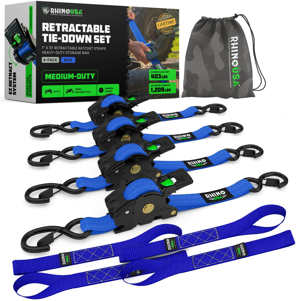 Retractable Ratchet Straps (4-Pack) - 1 Inch x 10 Feet (1,209lb Break Strength) - Auto Self Retracting Tie Down Straps for Truck, Cargo Trailer, Motorcycle, ATV, UTV