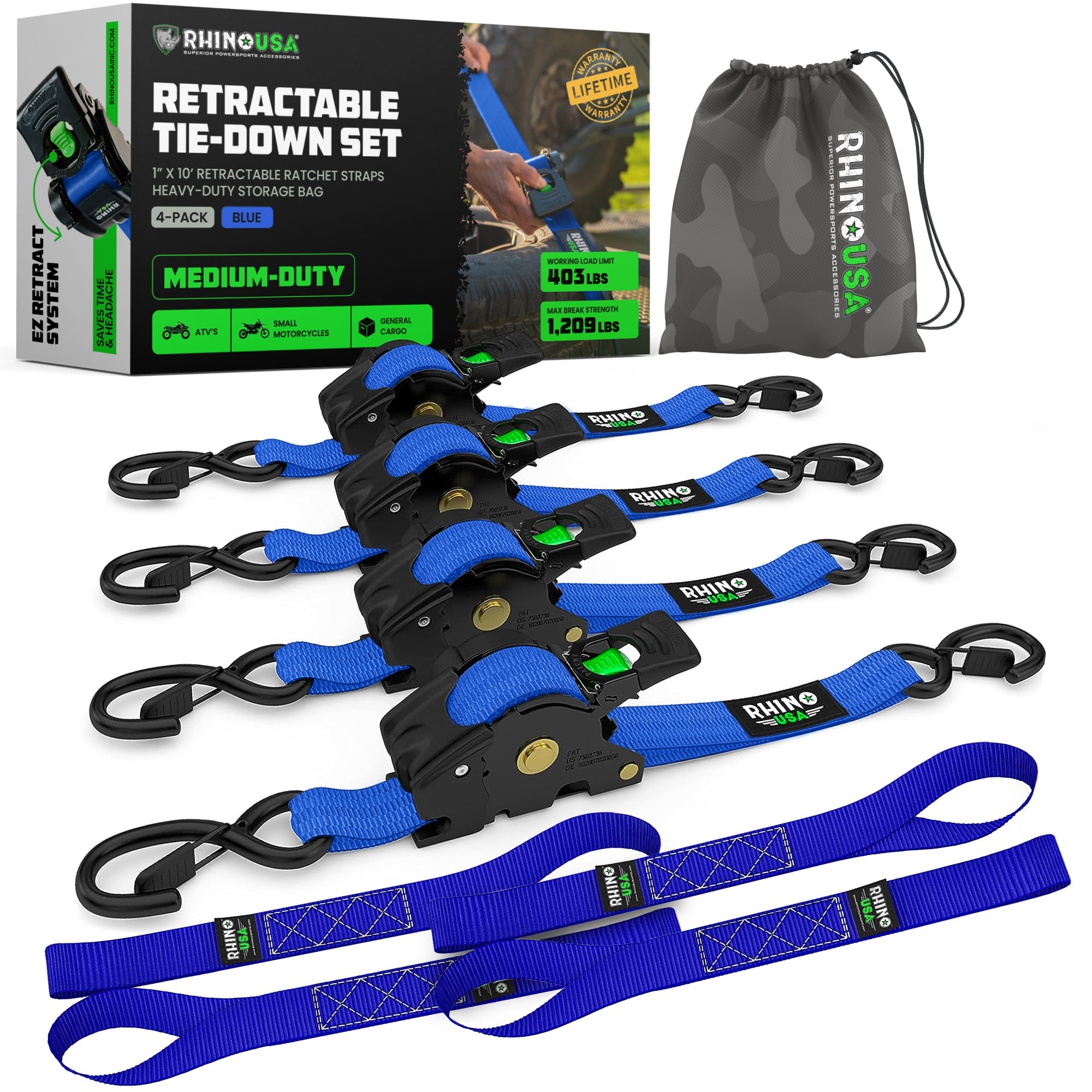 Retractable Ratchet Straps (4-Pack) - 1 Inch x 10 Feet (1,209lb Break Strength) - Auto Self Retracting Tie Down Straps for Truck, Cargo Trailer, Motorcycle, ATV, UTV