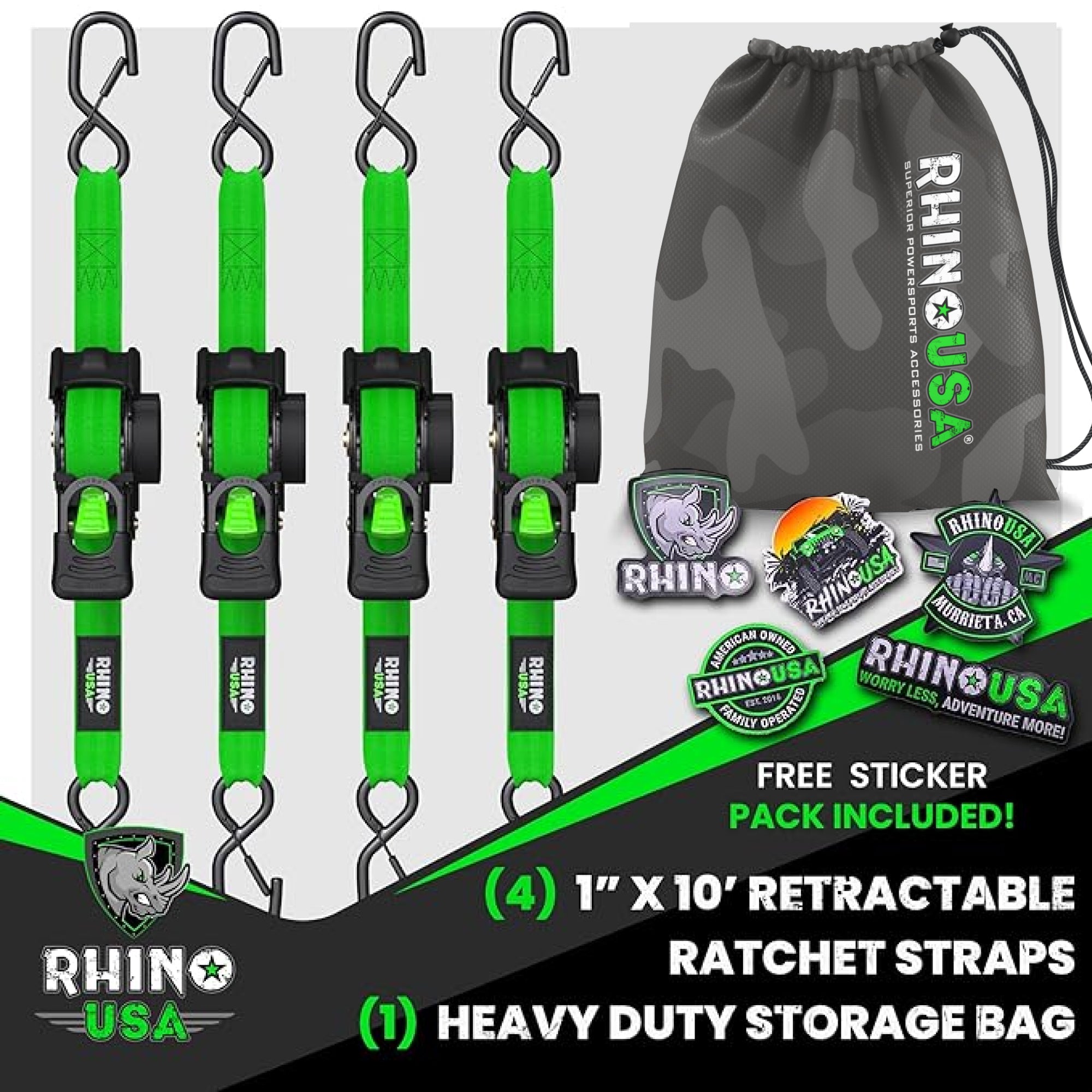 Retractable Ratchet Straps (4-Pack) - 1 Inch x 10 Feet (1,209lb Break Strength) - Auto Self Retracting Tie Down Straps for Truck, Cargo Trailer, Motorcycle, ATV, UTV