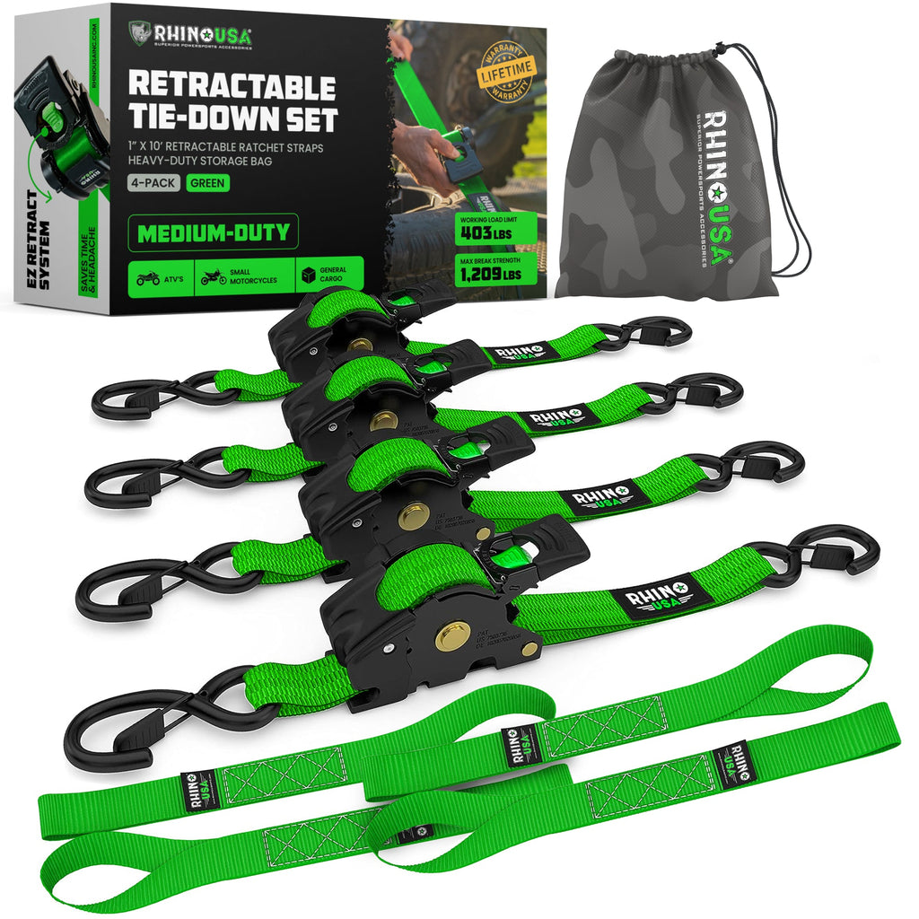 Retractable Ratchet Straps (4-Pack) - 1 Inch x 10 Feet (1,209lb Break Strength) - Auto Self Retracting Tie Down Straps for Truck, Cargo Trailer, Motorcycle, ATV, UTV