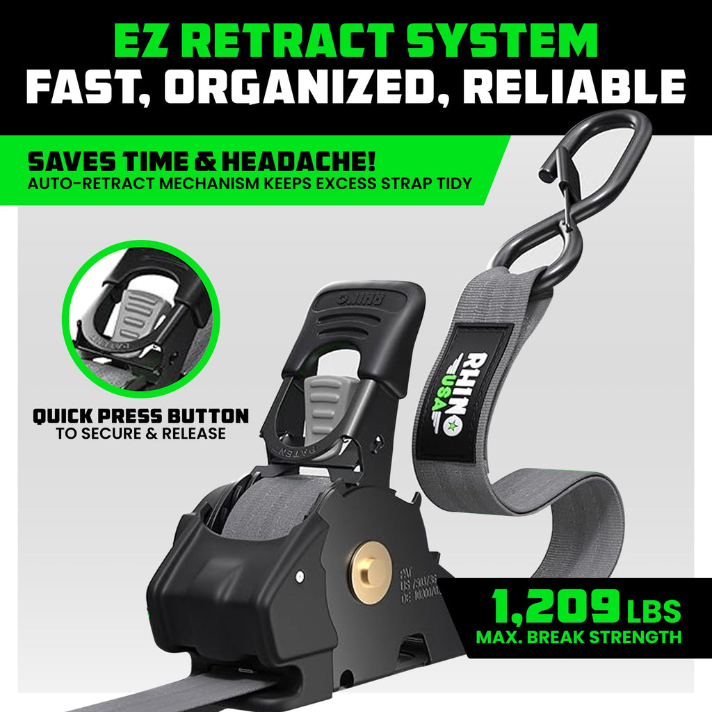 Retractable Ratchet Straps (4-Pack) - 1 Inch x 10 Feet (1,209lb Break Strength) - Auto Self Retracting Tie Down Straps for Truck, Cargo Trailer, Motorcycle, ATV, UTV