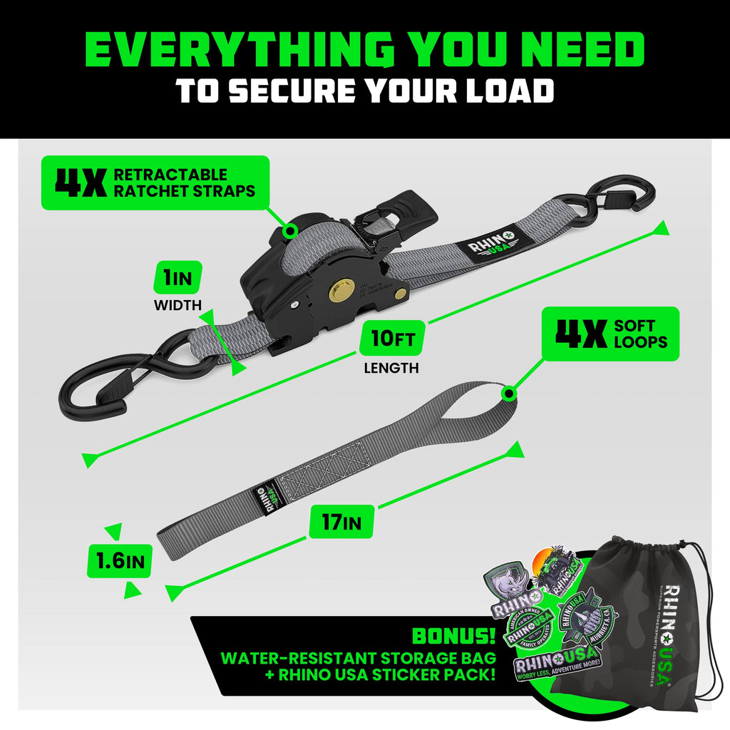 Retractable Ratchet Straps (4-Pack) - 1 Inch x 10 Feet (1,209lb Break Strength) - Auto Self Retracting Tie Down Straps for Truck, Cargo Trailer, Motorcycle, ATV, UTV