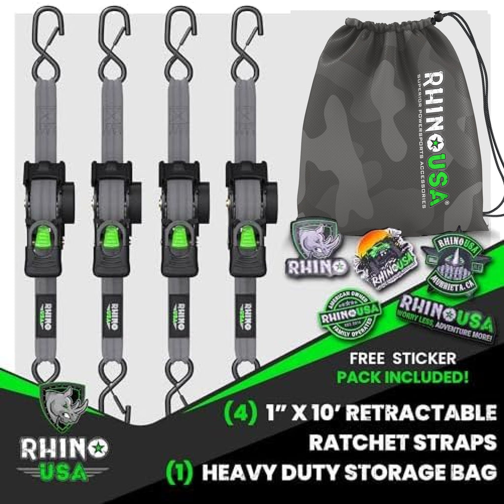 Retractable Ratchet Straps (4-Pack) - 1 Inch x 10 Feet (1,209lb Break Strength) - Auto Self Retracting Tie Down Straps for Truck, Cargo Trailer, Motorcycle, ATV, UTV