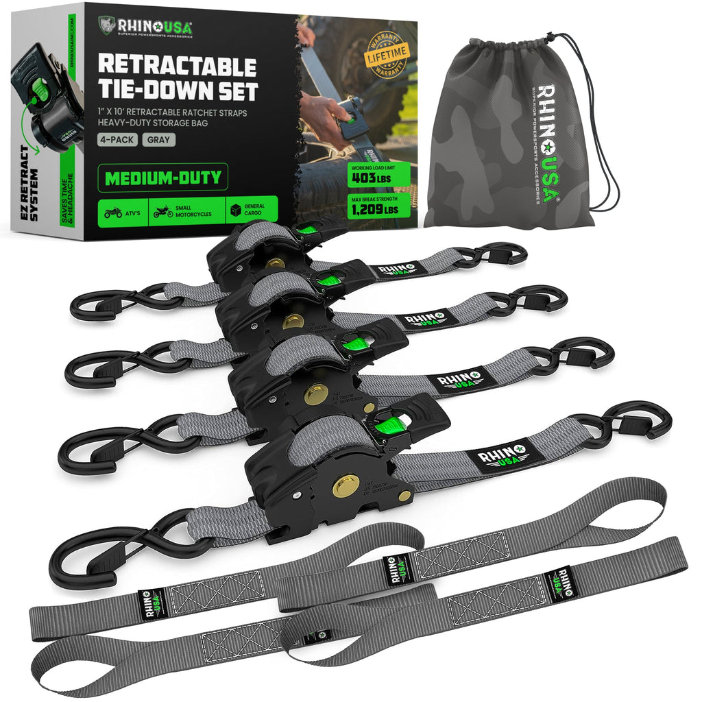 Retractable Ratchet Straps (4-Pack) - 1 Inch x 10 Feet (1,209lb Break Strength) - Auto Self Retracting Tie Down Straps for Truck, Cargo Trailer, Motorcycle, ATV, UTV