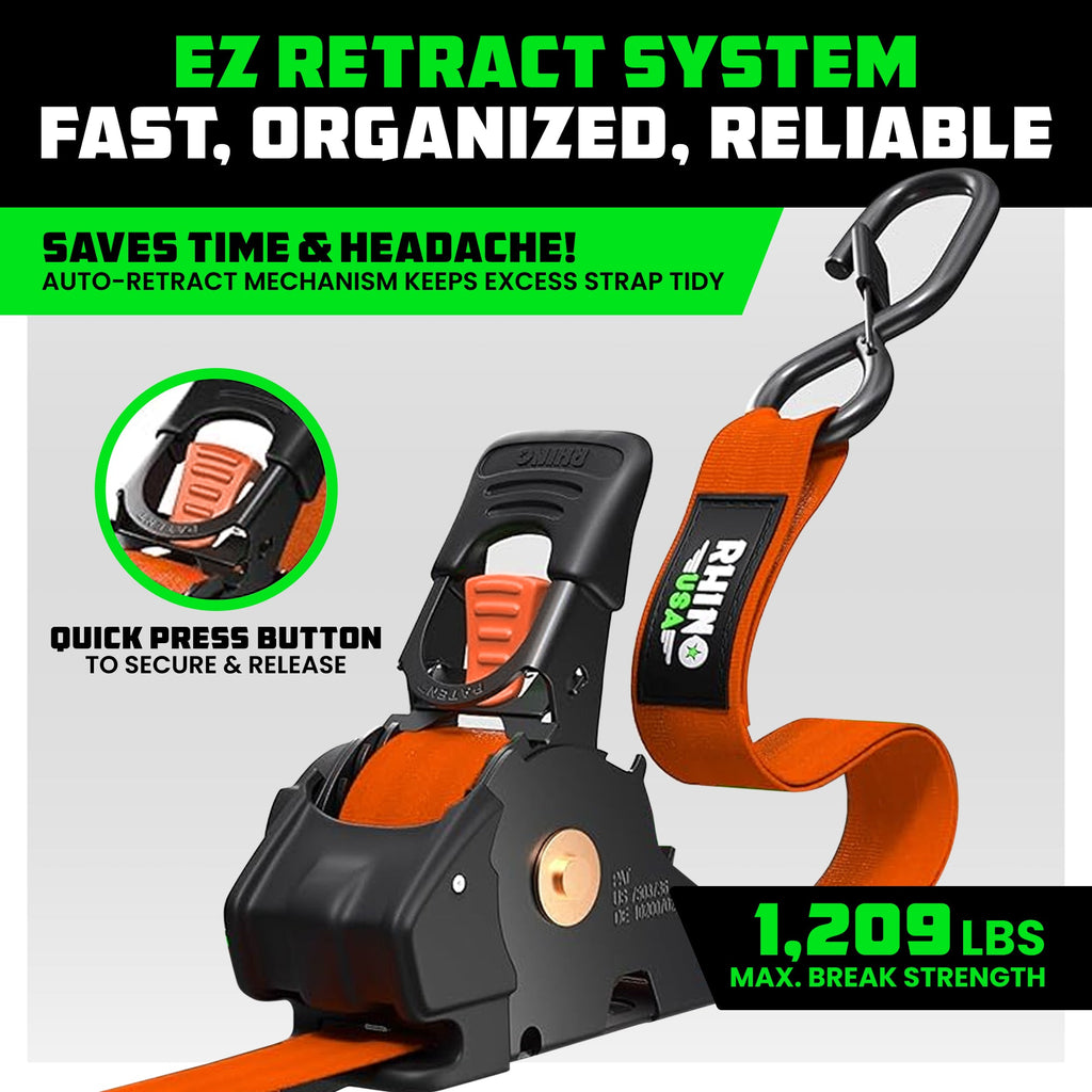 Retractable Ratchet Straps (4-Pack) - 1 Inch x 10 Feet (1,209lb Break Strength) - Auto Self Retracting Tie Down Straps for Truck, Cargo Trailer, Motorcycle, ATV, UTV