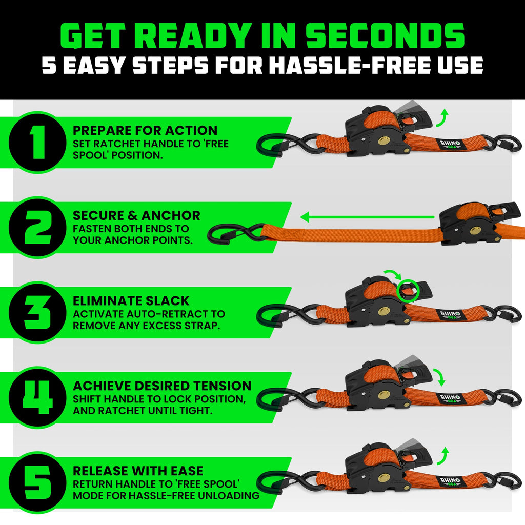 Retractable Ratchet Straps (4-Pack) - 1 Inch x 10 Feet (1,209lb Break Strength) - Auto Self Retracting Tie Down Straps for Truck, Cargo Trailer, Motorcycle, ATV, UTV