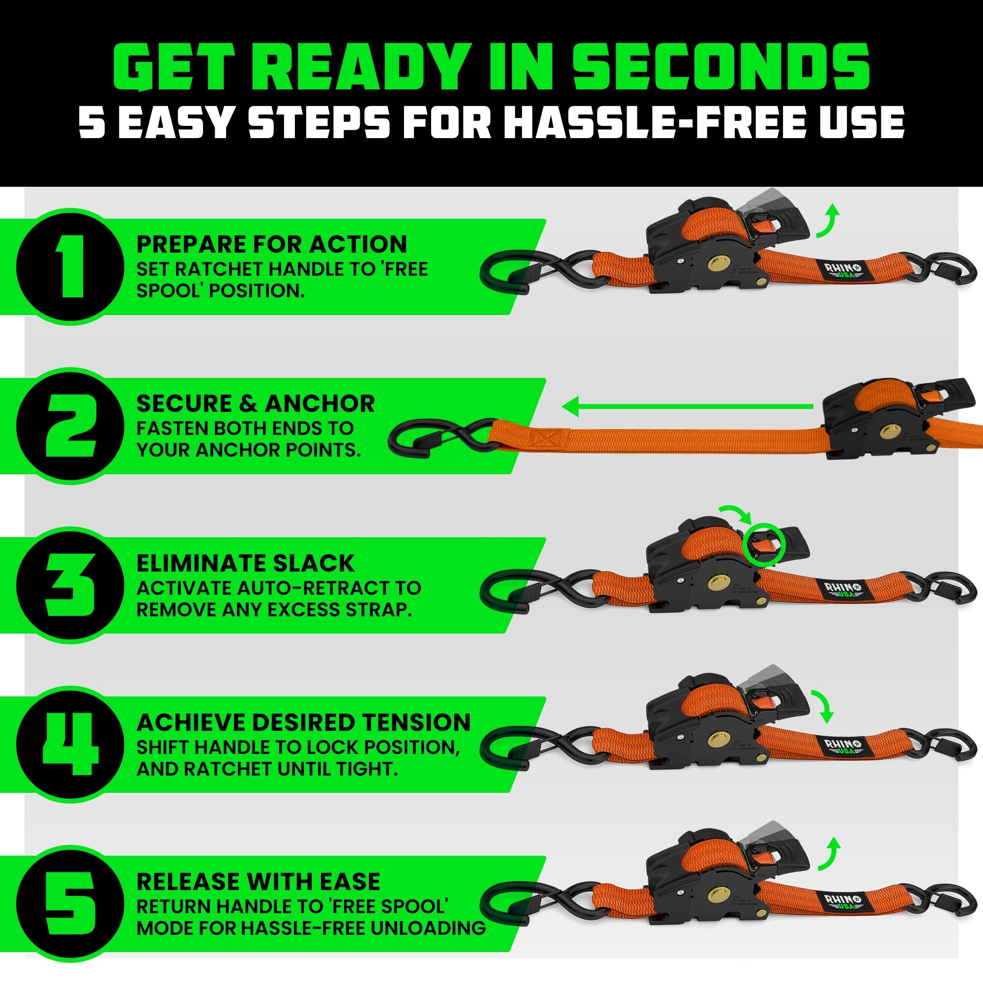 Retractable Ratchet Straps (4-Pack) - 1 Inch x 10 Feet (1,209lb Break Strength) - Auto Self Retracting Tie Down Straps for Truck, Cargo Trailer, Motorcycle, ATV, UTV