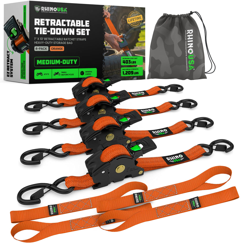 Retractable Ratchet Straps (4-Pack) - 1 Inch x 10 Feet (1,209lb Break Strength) - Auto Self Retracting Tie Down Straps for Truck, Cargo Trailer, Motorcycle, ATV, UTV