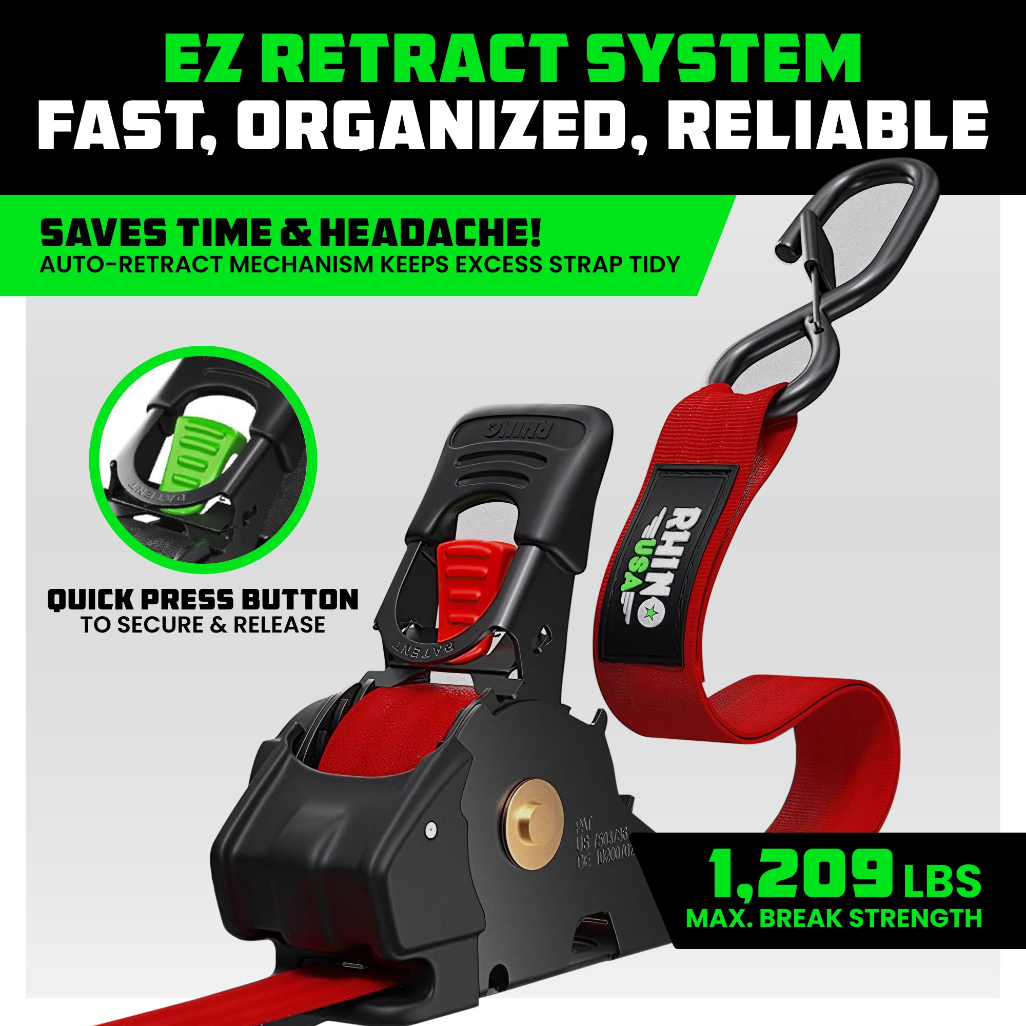 Retractable Ratchet Straps (4-Pack) - 1 Inch x 10 Feet (1,209lb Break Strength) - Auto Self Retracting Tie Down Straps for Truck, Cargo Trailer, Motorcycle, ATV, UTV