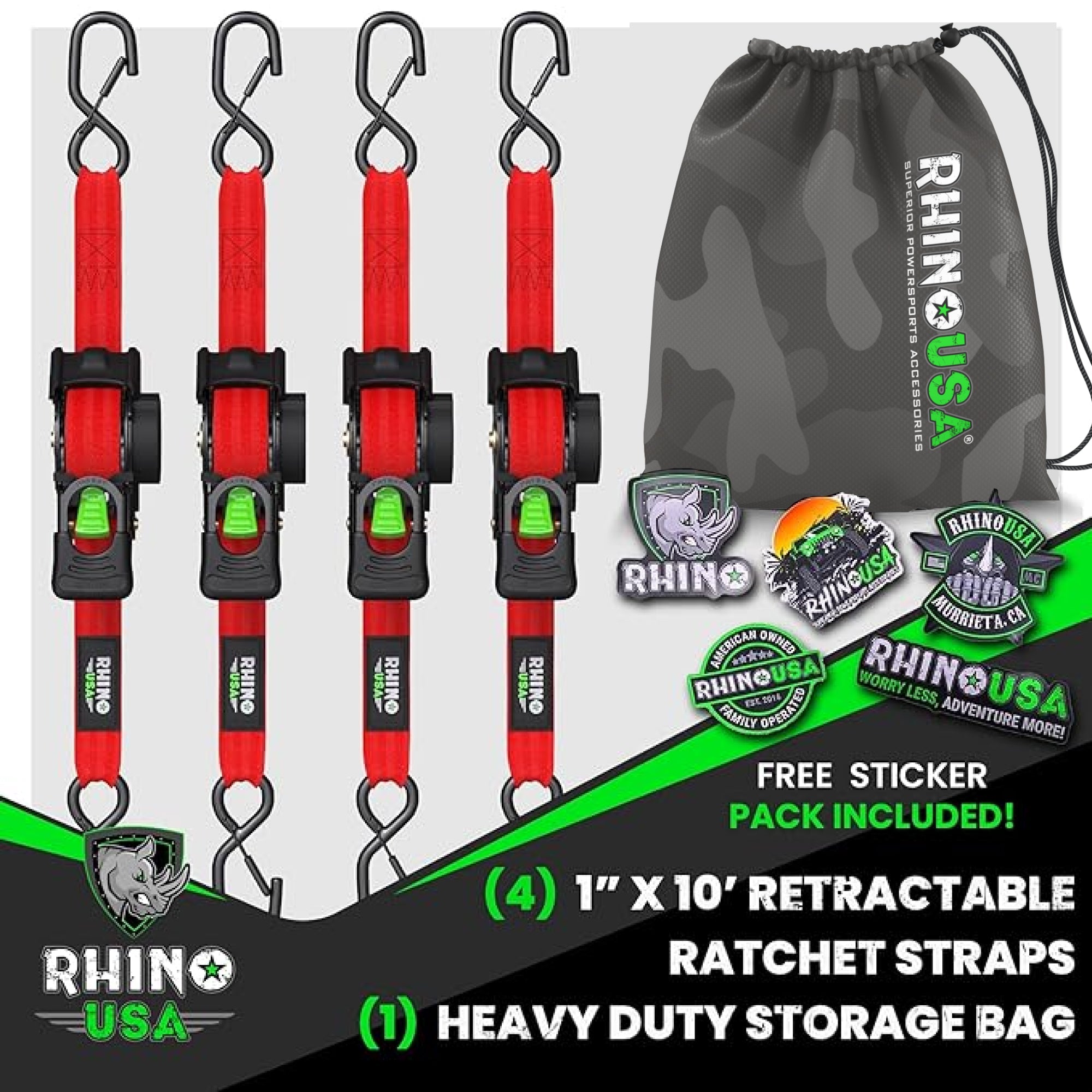 Retractable Ratchet Straps (4-Pack) - 1 Inch x 10 Feet (1,209lb Break Strength) - Auto Self Retracting Tie Down Straps for Truck, Cargo Trailer, Motorcycle, ATV, UTV