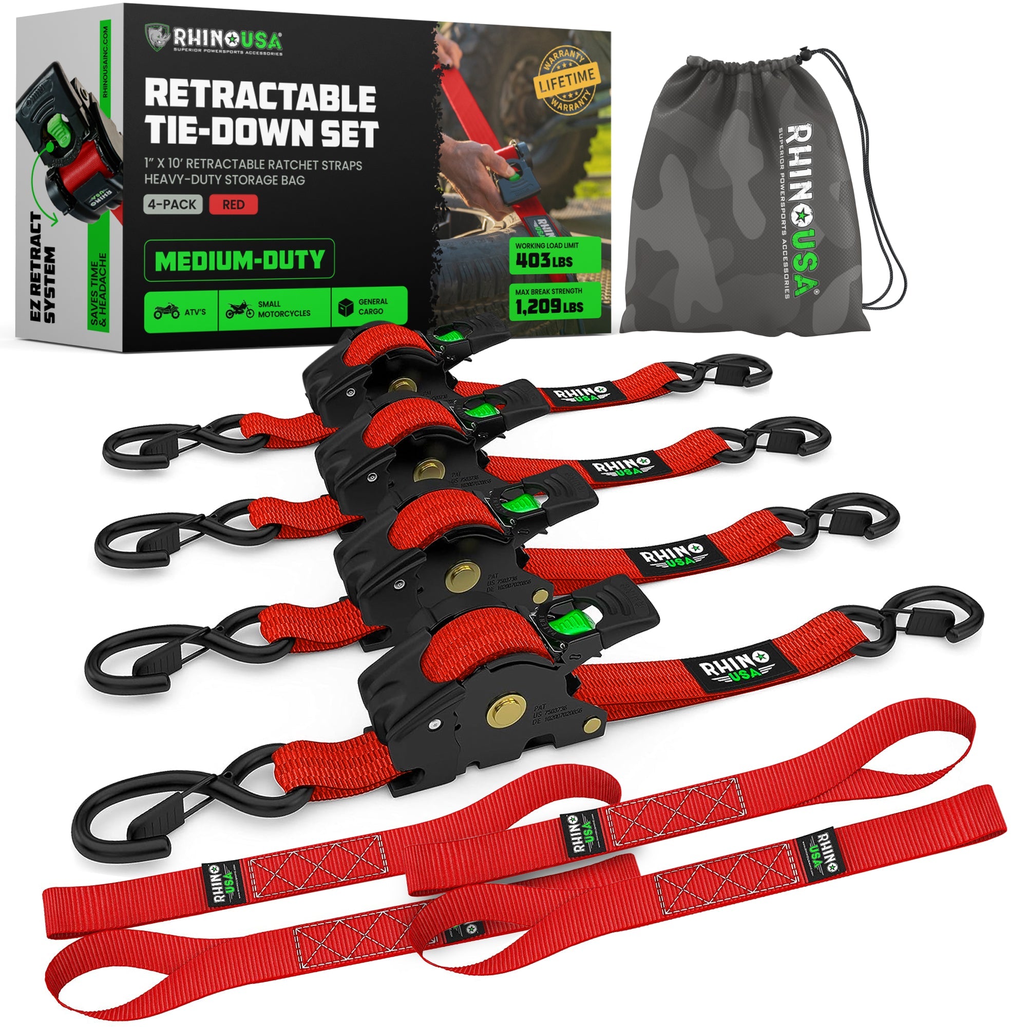 Retractable Ratchet Straps (4-Pack) - 1 Inch x 10 Feet (1,209lb Break Strength) - Auto Self Retracting Tie Down Straps for Truck, Cargo Trailer, Motorcycle, ATV, UTV