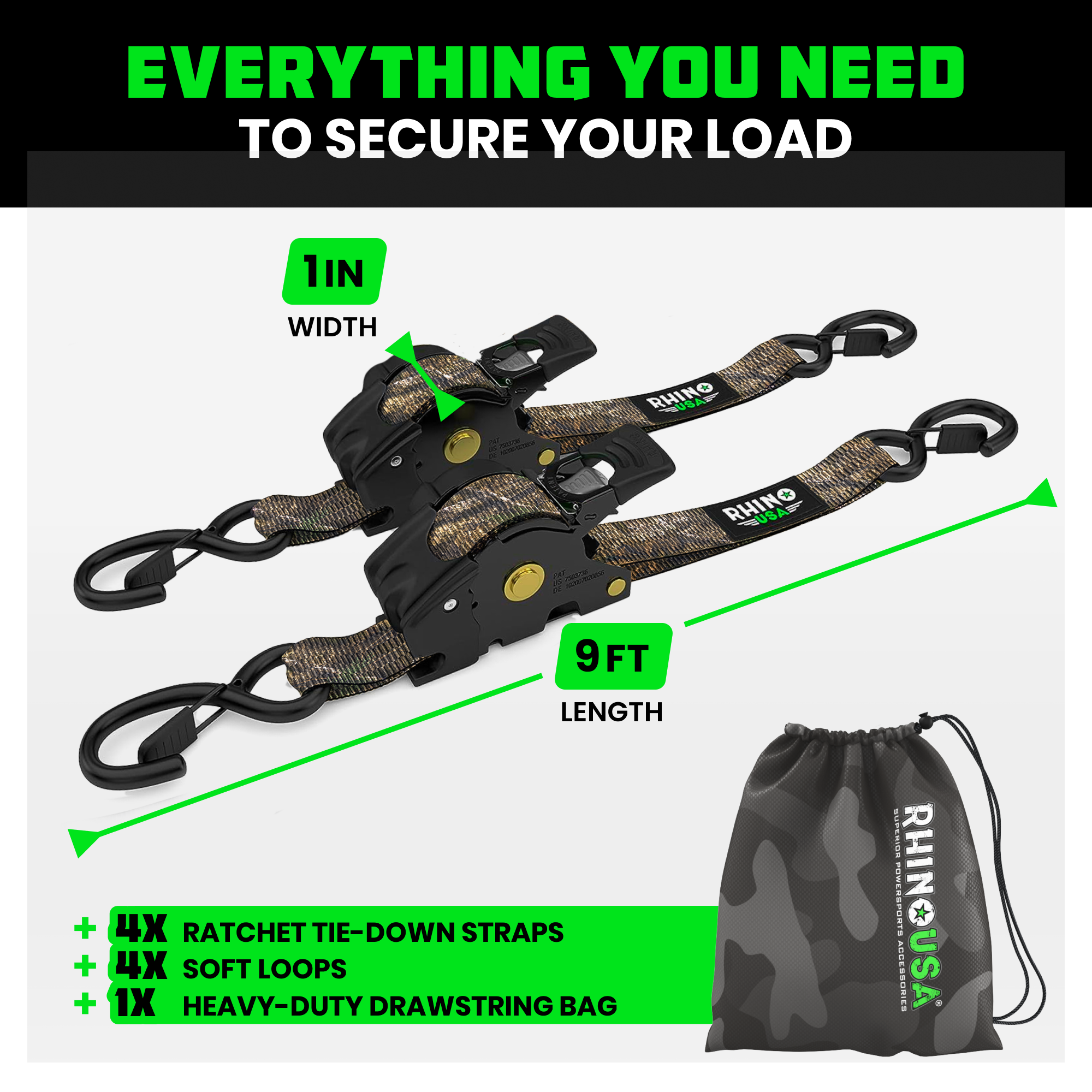 Retractable Ratchet Straps (4-Pack) - 1 Inch x 10 Feet (1,209lb Break Strength) - Auto Self Retracting Tie Down Straps for Truck, Cargo Trailer, Motorcycle, ATV, UTV