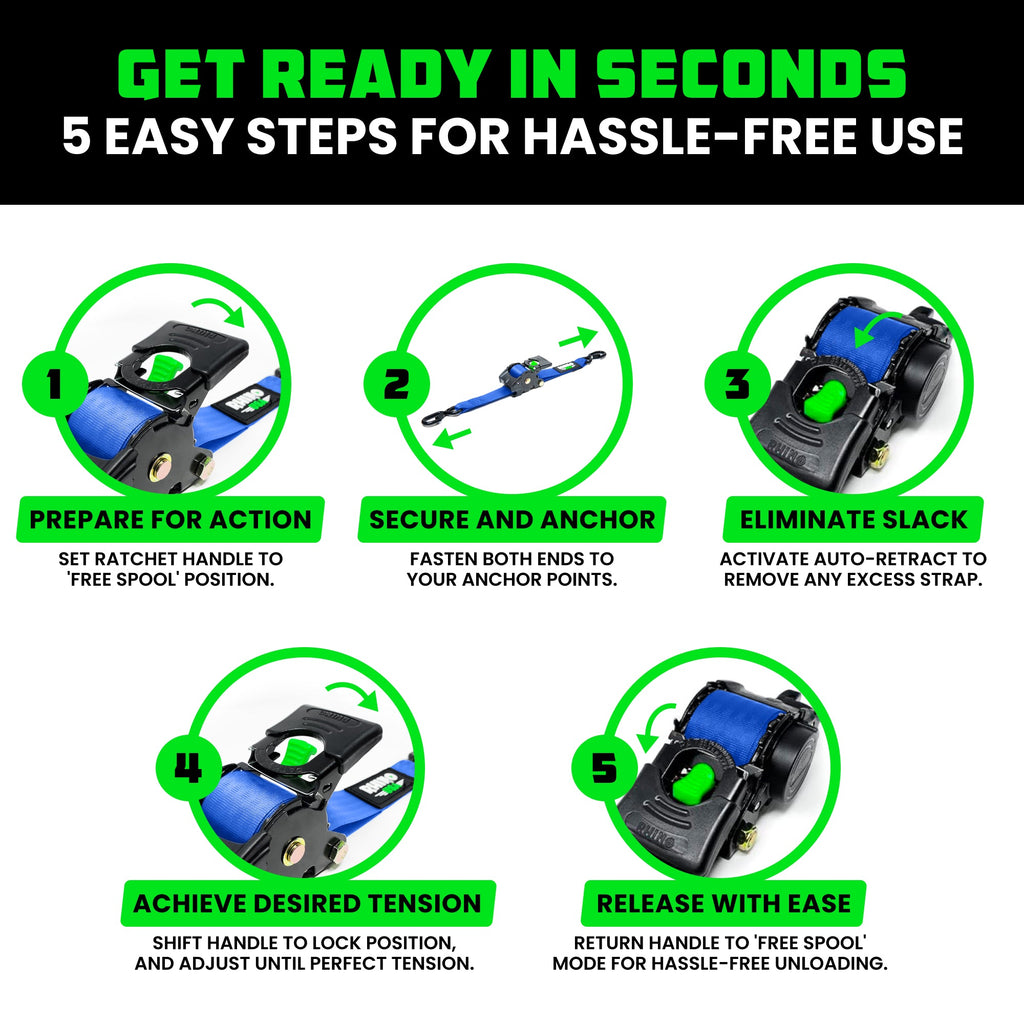 Retractable Ratchet Straps (4-Pack) - 1 Inch x 10 Feet (1,209lb Break Strength) - Auto Self Retracting Tie Down Straps for Truck, Cargo Trailer, Motorcycle, ATV, UTV