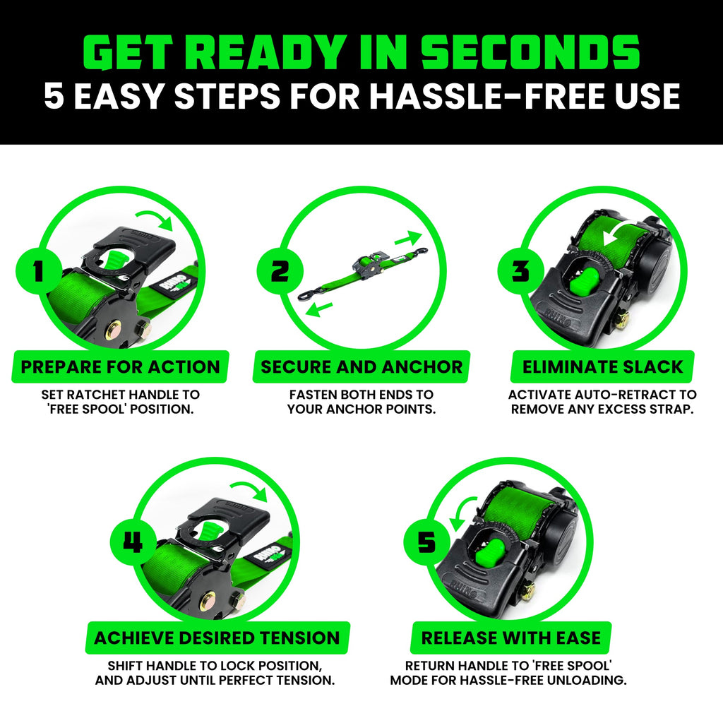 Retractable Ratchet Straps (4-Pack) - 1 Inch x 10 Feet (1,209lb Break Strength) - Auto Self Retracting Tie Down Straps for Truck, Cargo Trailer, Motorcycle, ATV, UTV