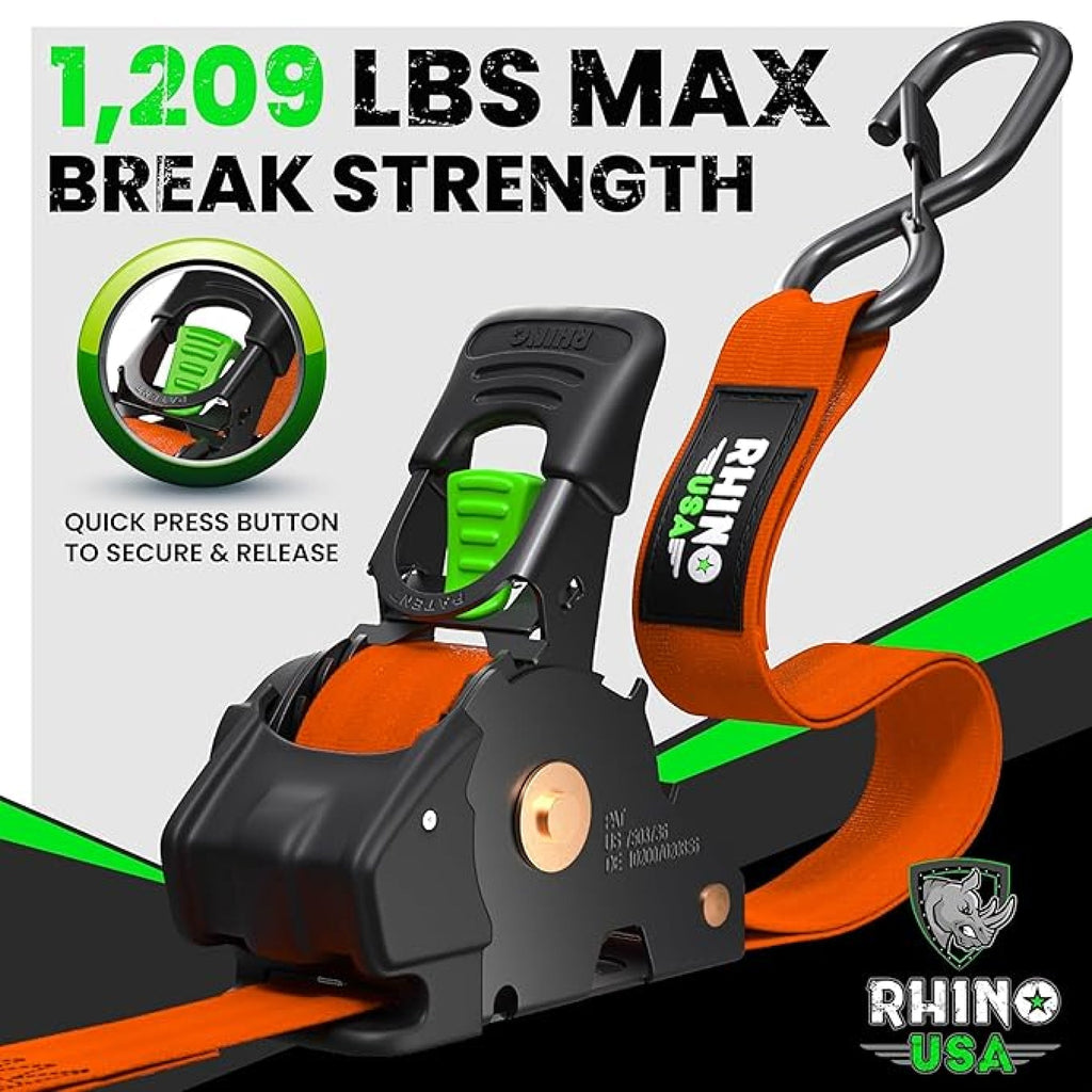 Retractable Ratchet Straps (4-Pack) - 1 Inch x 10 Feet (1,209lb Break Strength) - Auto Self Retracting Tie Down Straps for Truck, Cargo Trailer, Motorcycle, ATV, UTV