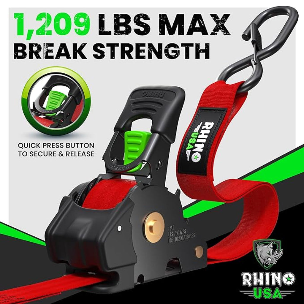 Retractable Ratchet Straps (4-Pack) - 1 Inch x 10 Feet (1,209lb Break Strength) - Auto Self Retracting Tie Down Straps for Truck, Cargo Trailer, Motorcycle, ATV, UTV