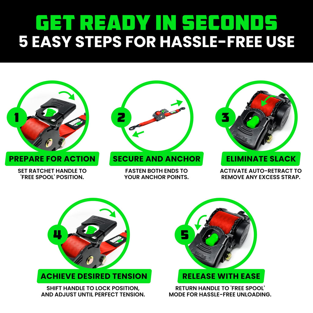 Retractable Ratchet Straps (4-Pack) - 1 Inch x 10 Feet (1,209lb Break Strength) - Auto Self Retracting Tie Down Straps for Truck, Cargo Trailer, Motorcycle, ATV, UTV