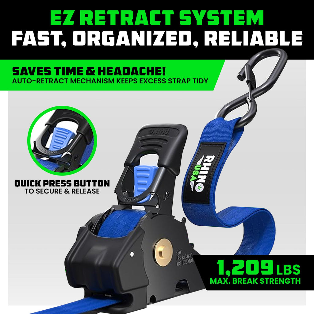 Retractable Ratchet Straps (4-Pack) - 1 Inch x 10 Feet (1,209lb Break Strength) - Auto Self Retracting Tie Down Straps for Truck, Cargo Trailer, Motorcycle, ATV, UTV