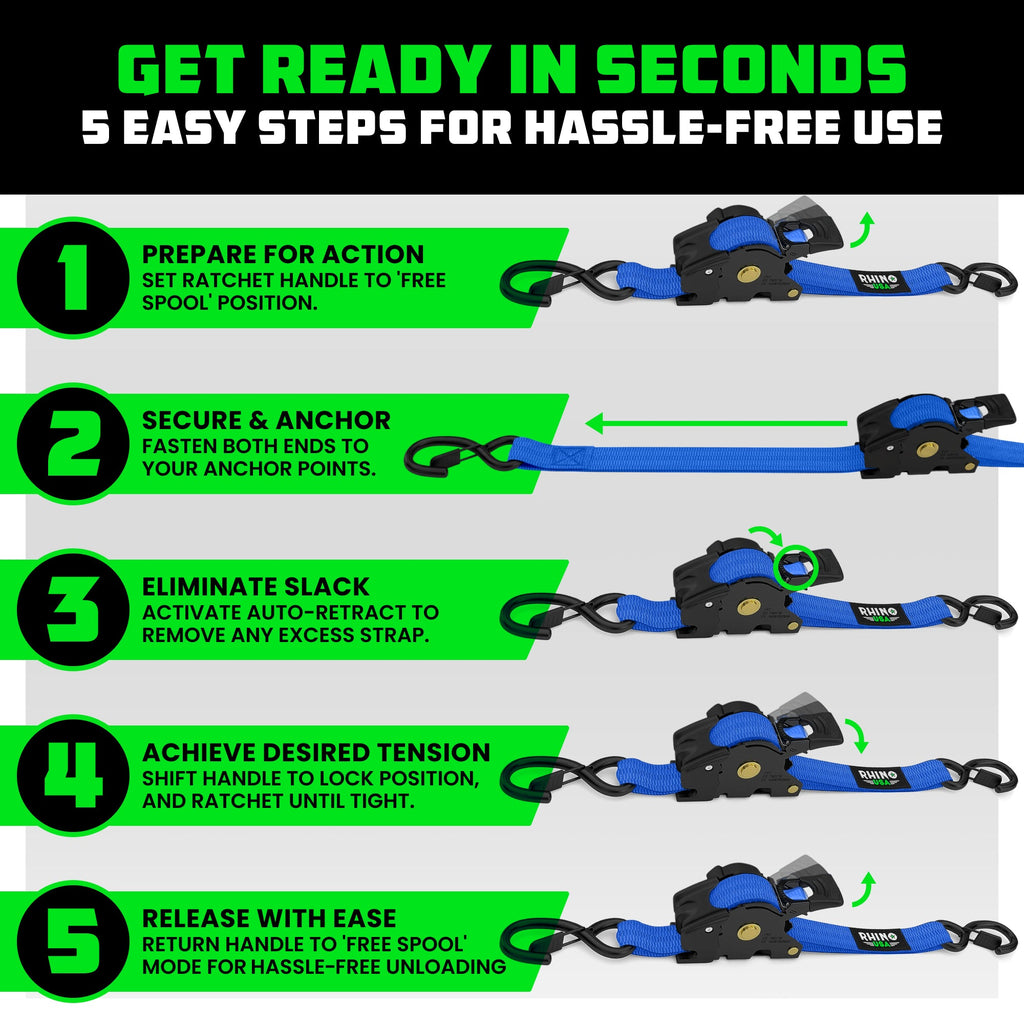 Retractable Ratchet Straps (4-Pack) - 1 Inch x 10 Feet (1,209lb Break Strength) - Auto Self Retracting Tie Down Straps for Truck, Cargo Trailer, Motorcycle, ATV, UTV