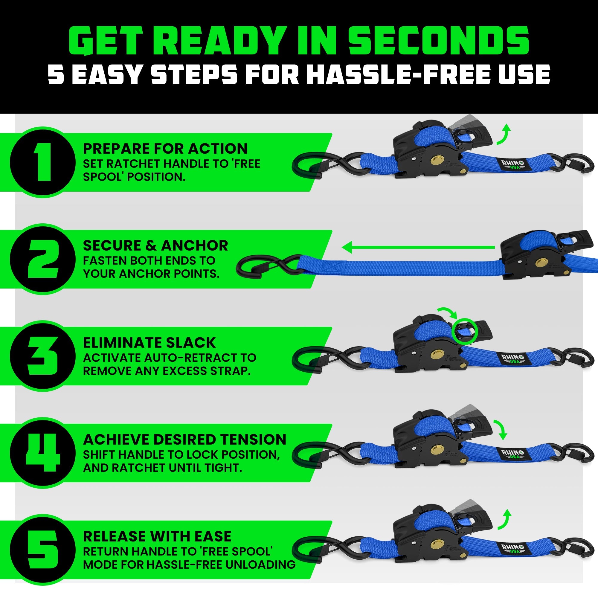 Retractable Ratchet Straps (4-Pack) - 1 Inch x 10 Feet (1,209lb Break Strength) - Auto Self Retracting Tie Down Straps for Truck, Cargo Trailer, Motorcycle, ATV, UTV