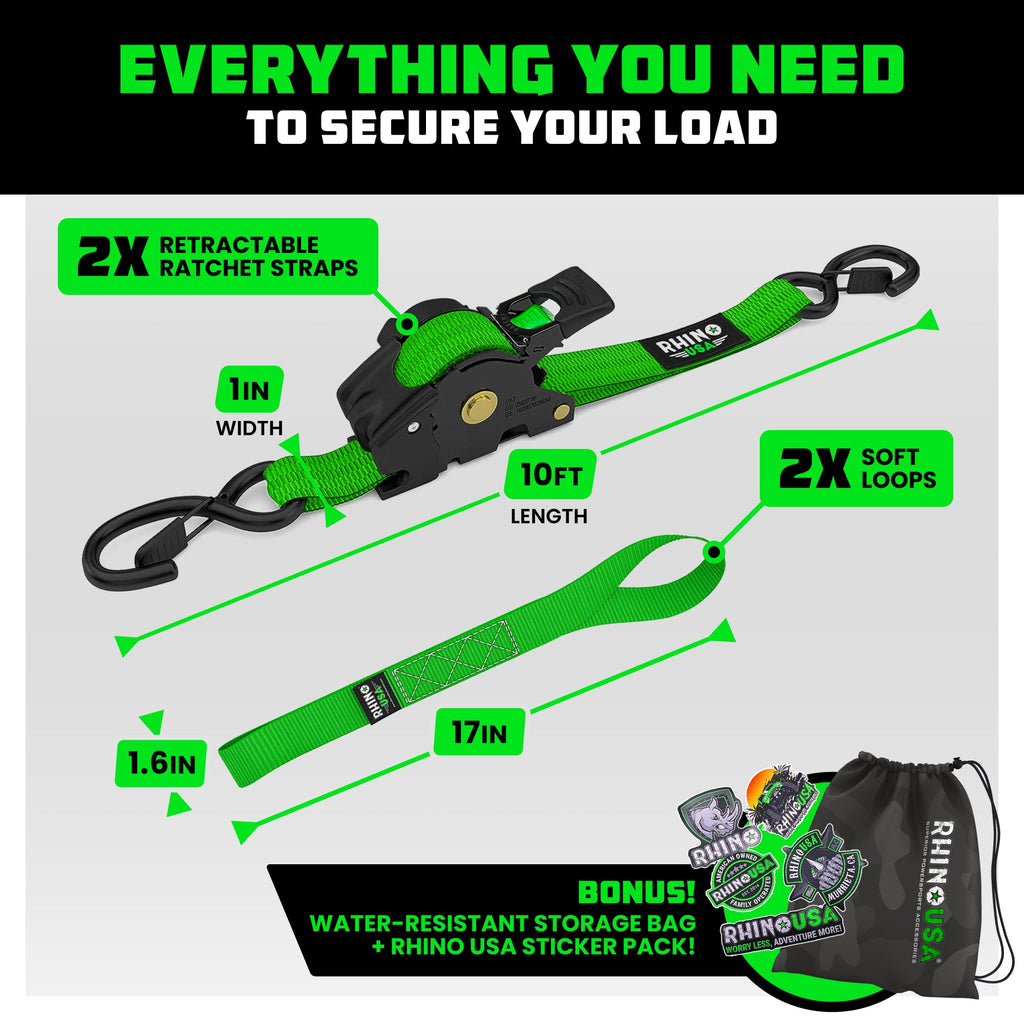 Retractable Ratchet Straps (4-Pack) - 1 Inch x 10 Feet (1,209lb Break Strength) - Auto Self Retracting Tie Down Straps for Truck, Cargo Trailer, Motorcycle, ATV, UTV